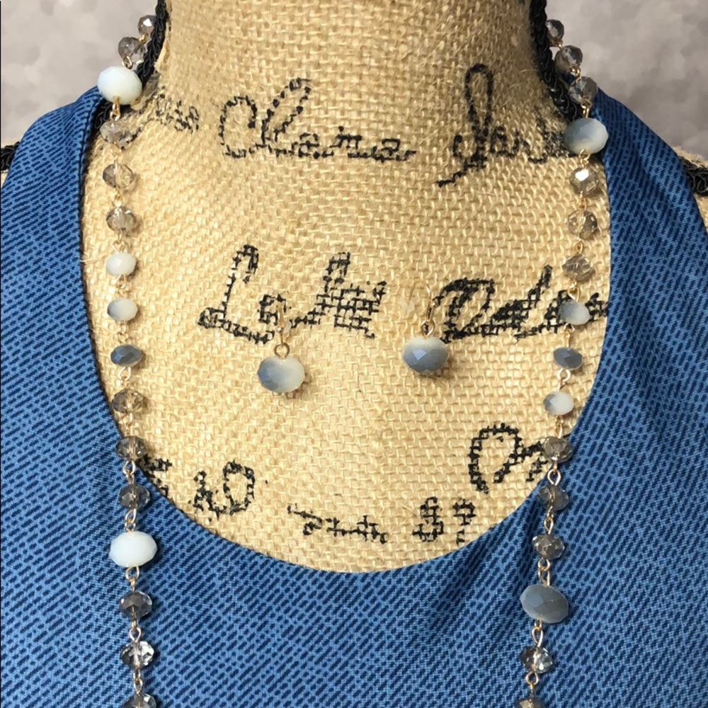 Clear and Blue beaded necklace with earrings